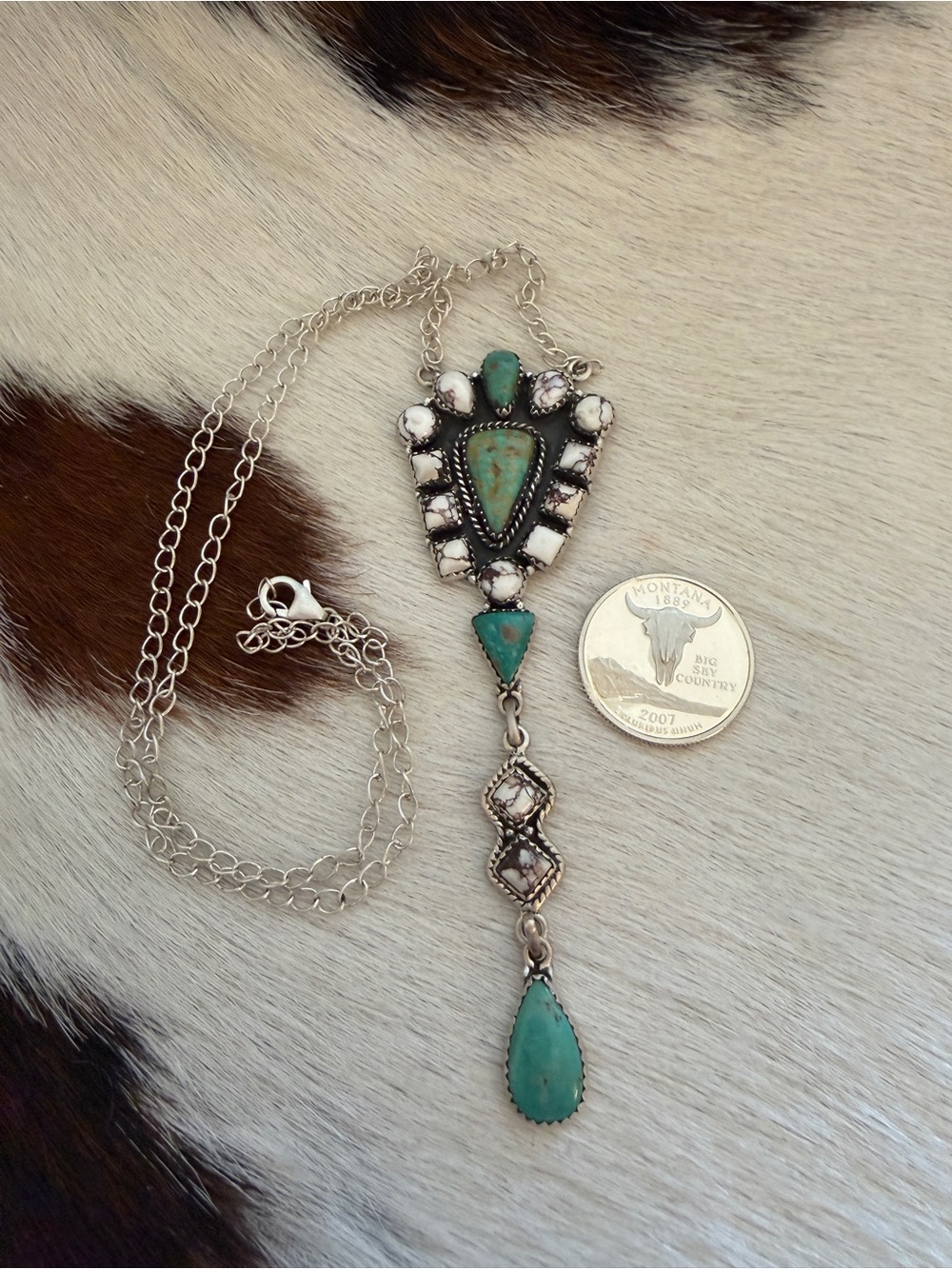 ❤️Lariat-style 24”L ADJ Wild Horse Jasper and Kingman Turquoise 925 Necklace 17G - Picture 4 of 11